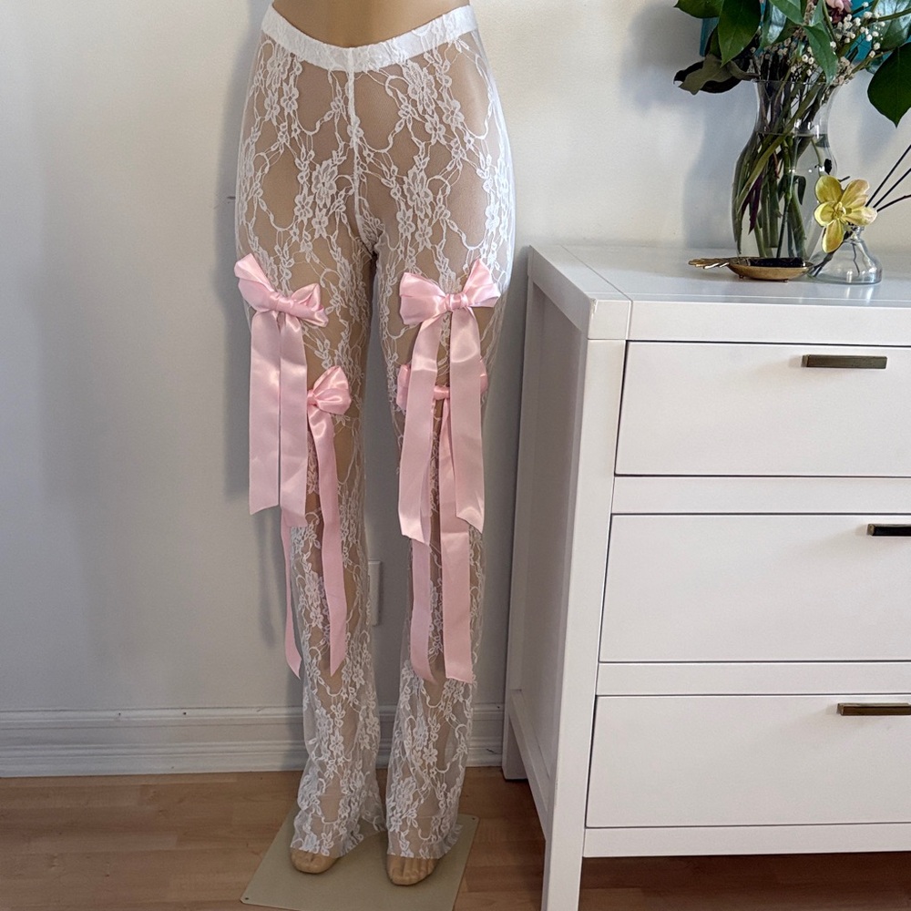 Sheer White Lace Pant with Pink Ribbon Bows